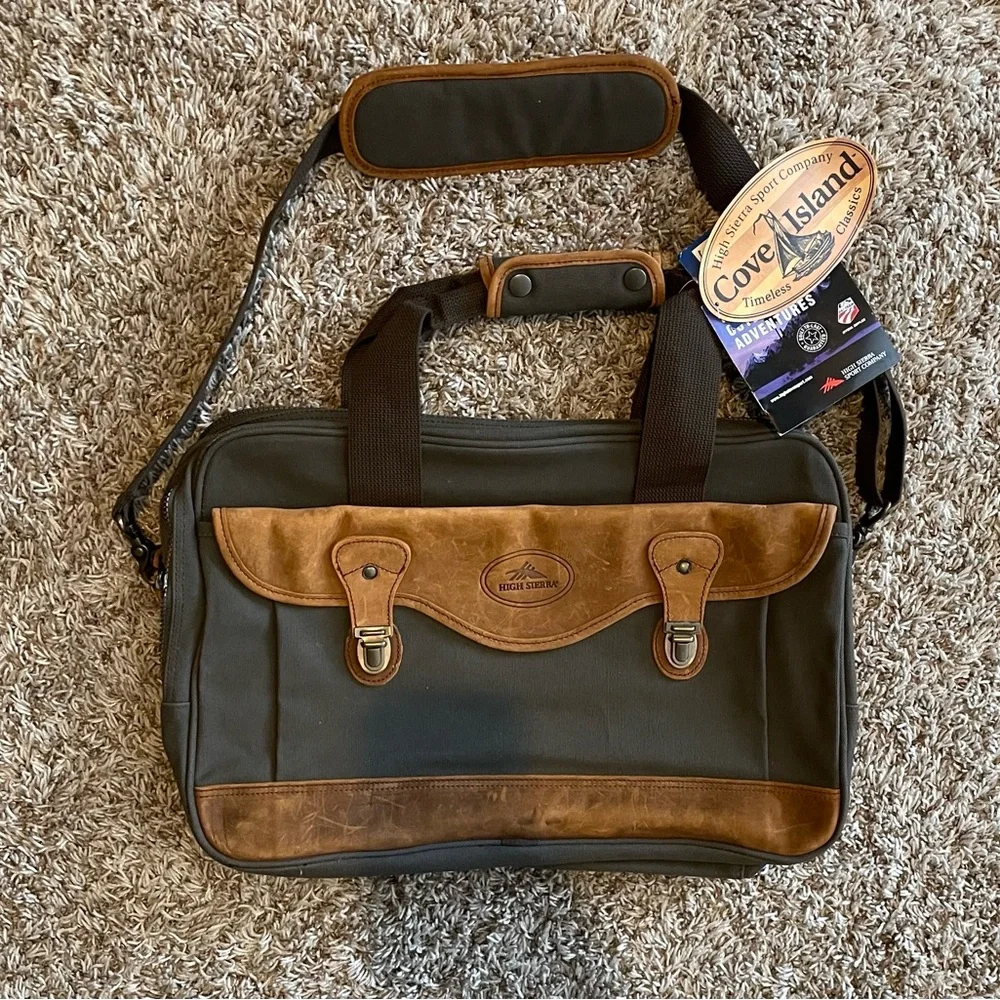 Vintage High Sierra Canvas Leather Trim Laptop Messenger Bag Green Unisex NWT